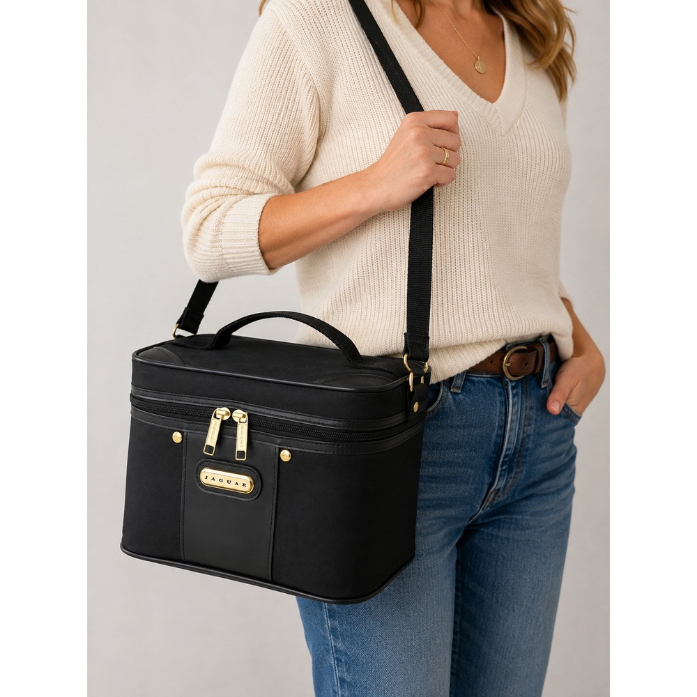 Vtg Jaguar Cosmetic Train Case Women Large Black Gold Hardware 80s Travel 12"